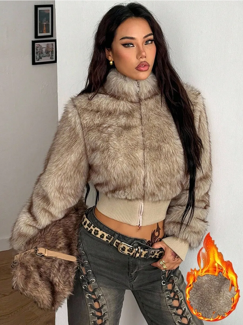 Beige Cropped Faux Fur Jacket – view 2