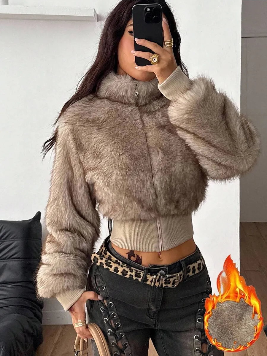 Beige Cropped Faux Fur Jacket – view 3