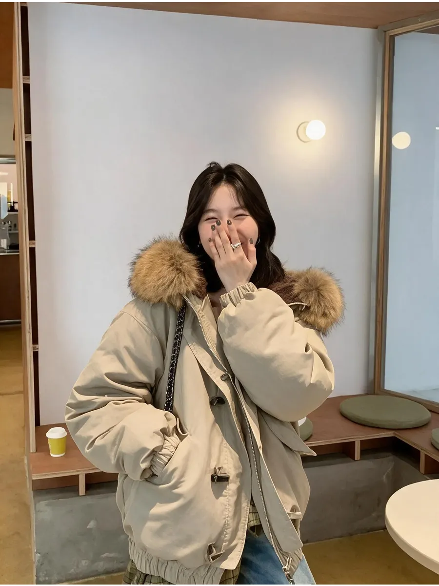 Beige Belted Oversized Parka with Faux Fur – view 2