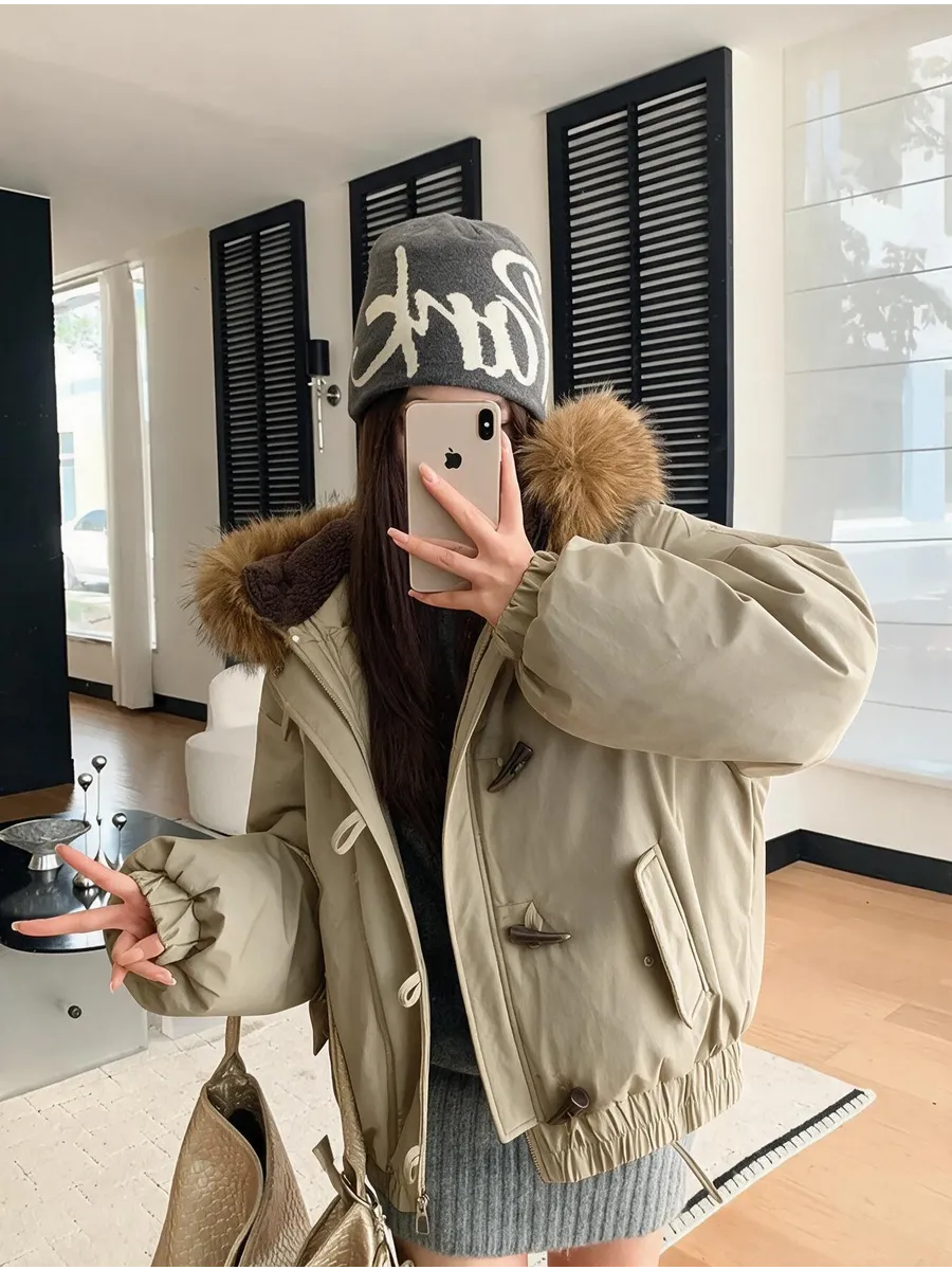 Beige Belted Oversized Parka with Faux Fur – view 3