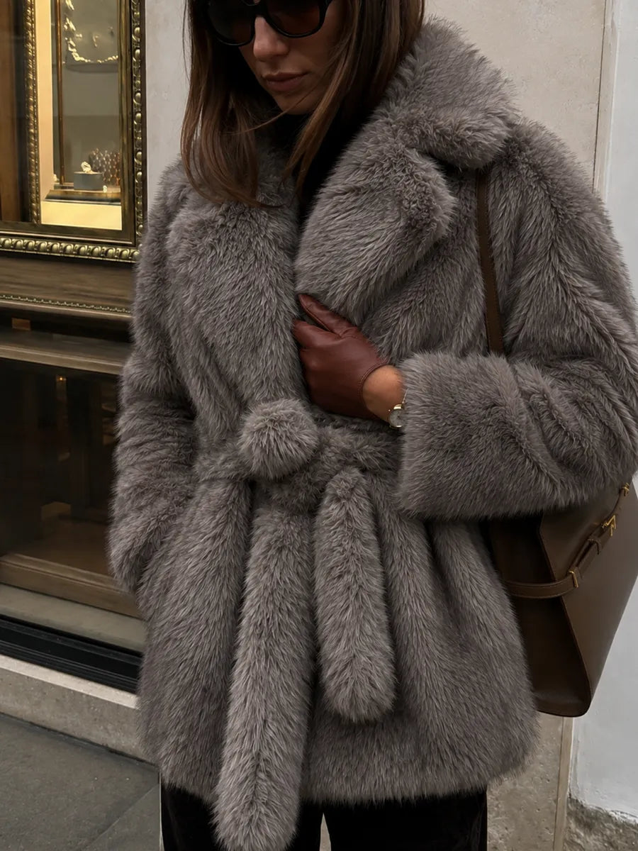 Grey Oversized Faux Fur Coat with Flared Sleeves