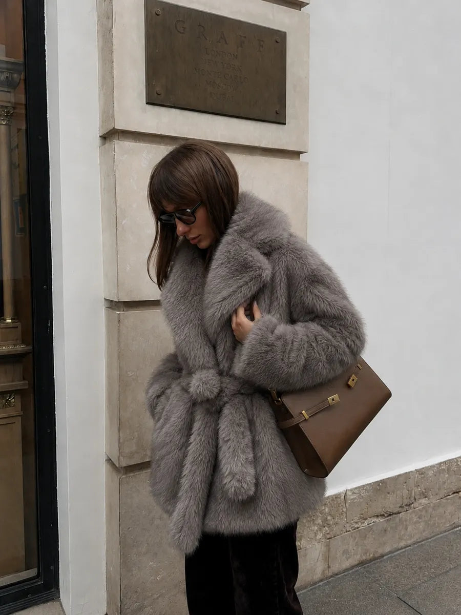 Grey Oversized Faux Fur Coat with Flared Sleeves – view 2