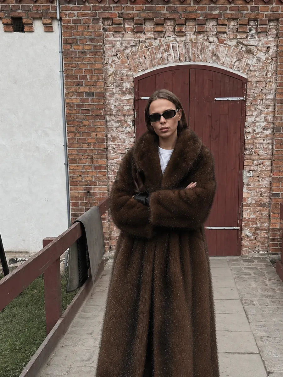 Brown Floor-Length Faux Fur Coat – view 3