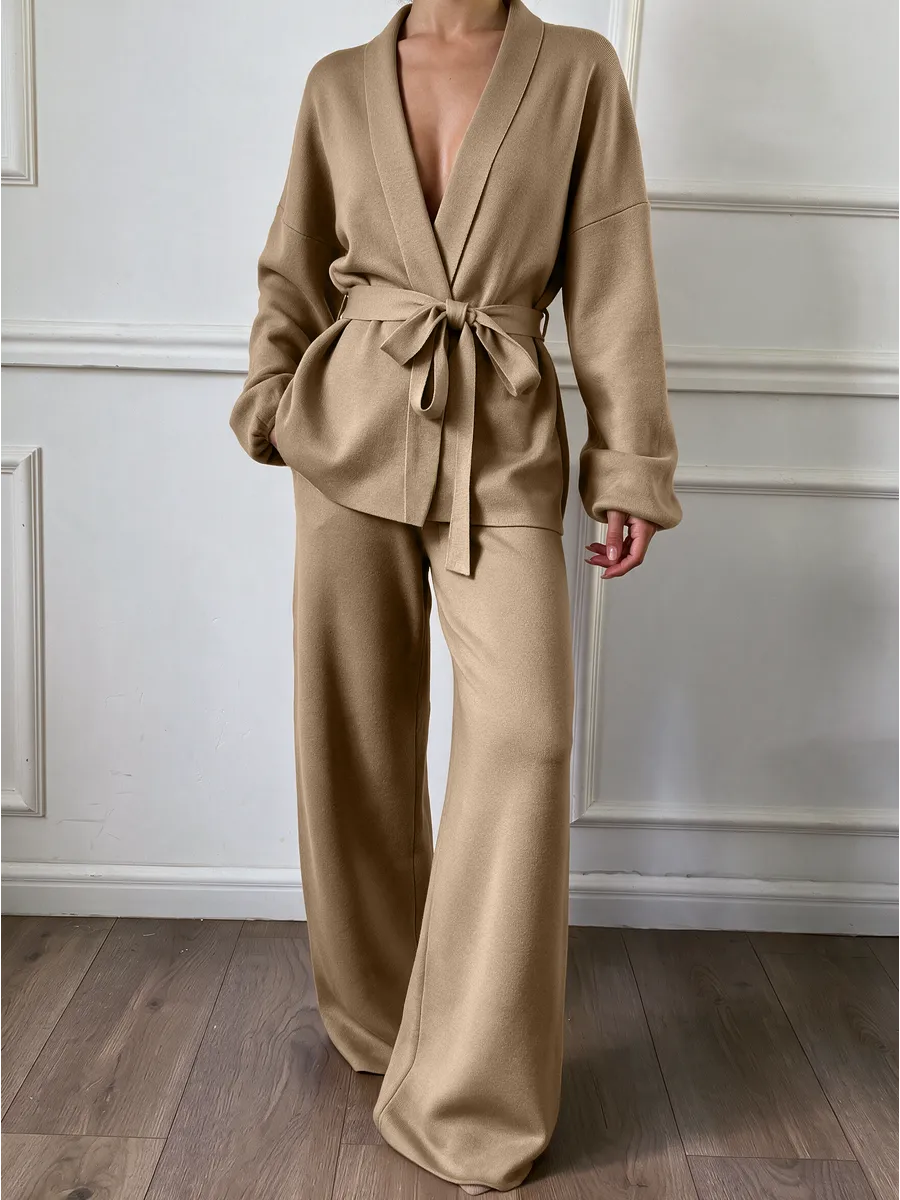 Sand Brown Knitted Kimono Cardigan Set