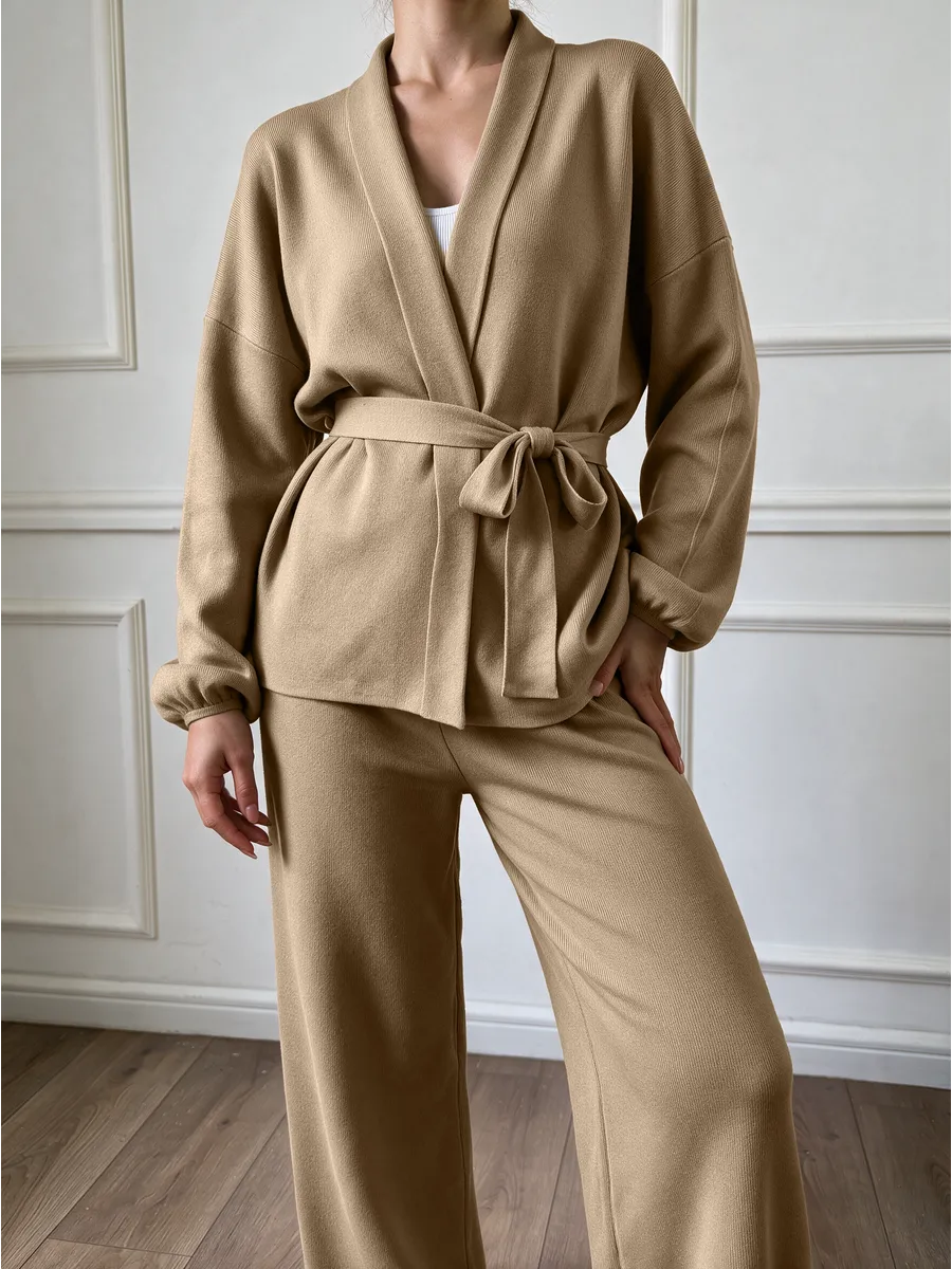 Sand Brown Knitted Kimono Cardigan Set – view 2