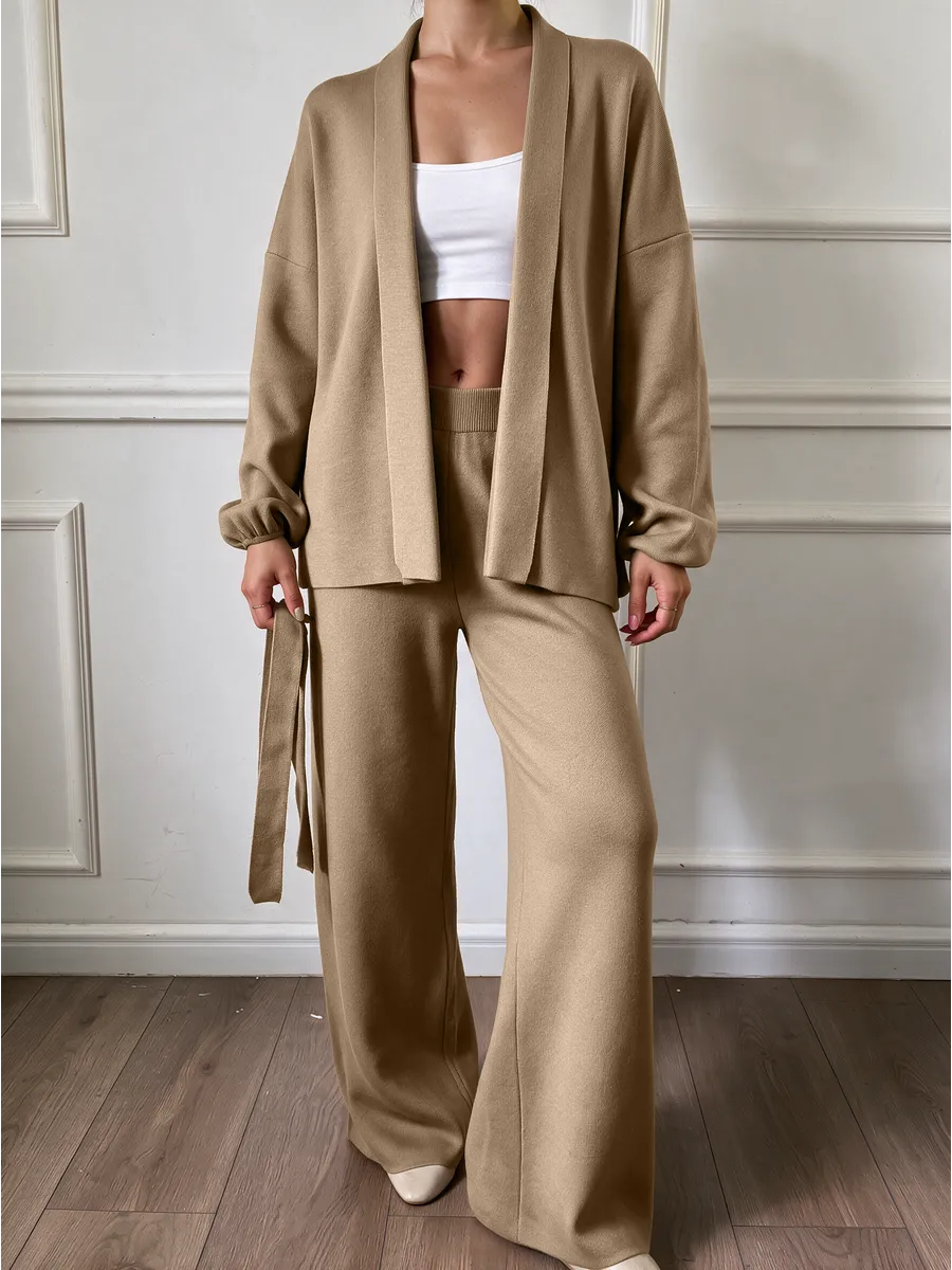 Sand Brown Knitted Kimono Cardigan Set – view 3