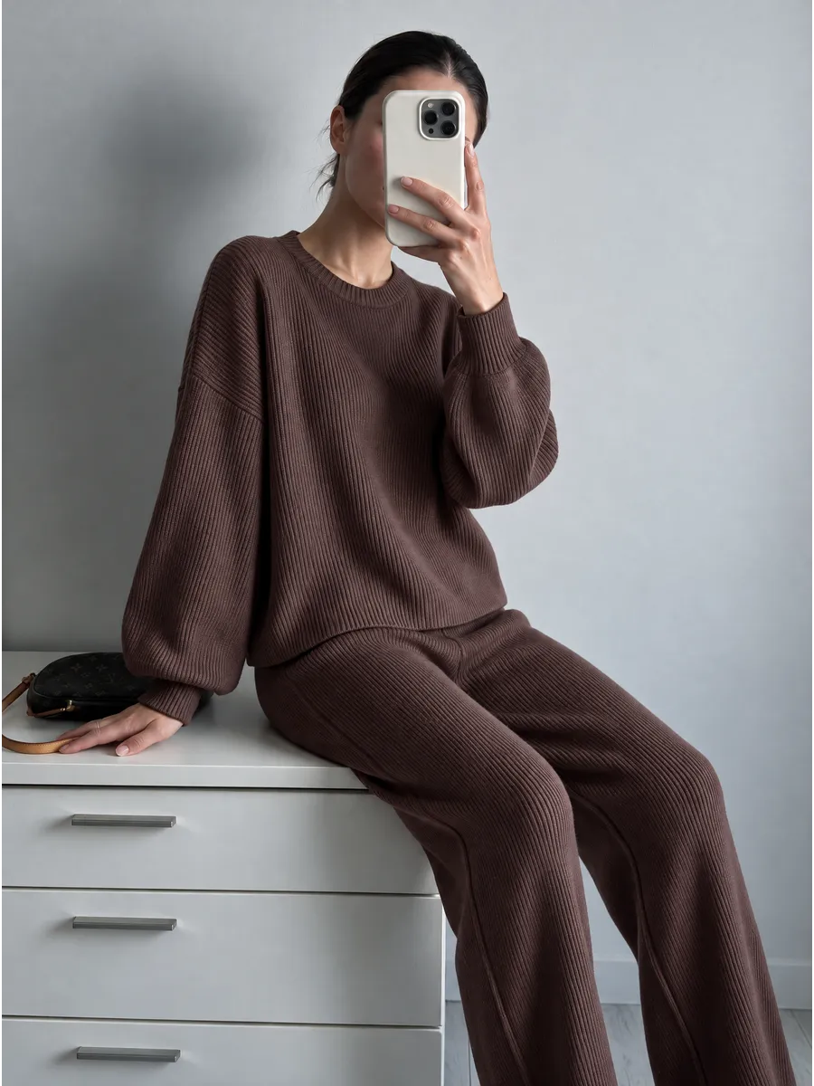 Brown Oversized Knitted Jumper Set