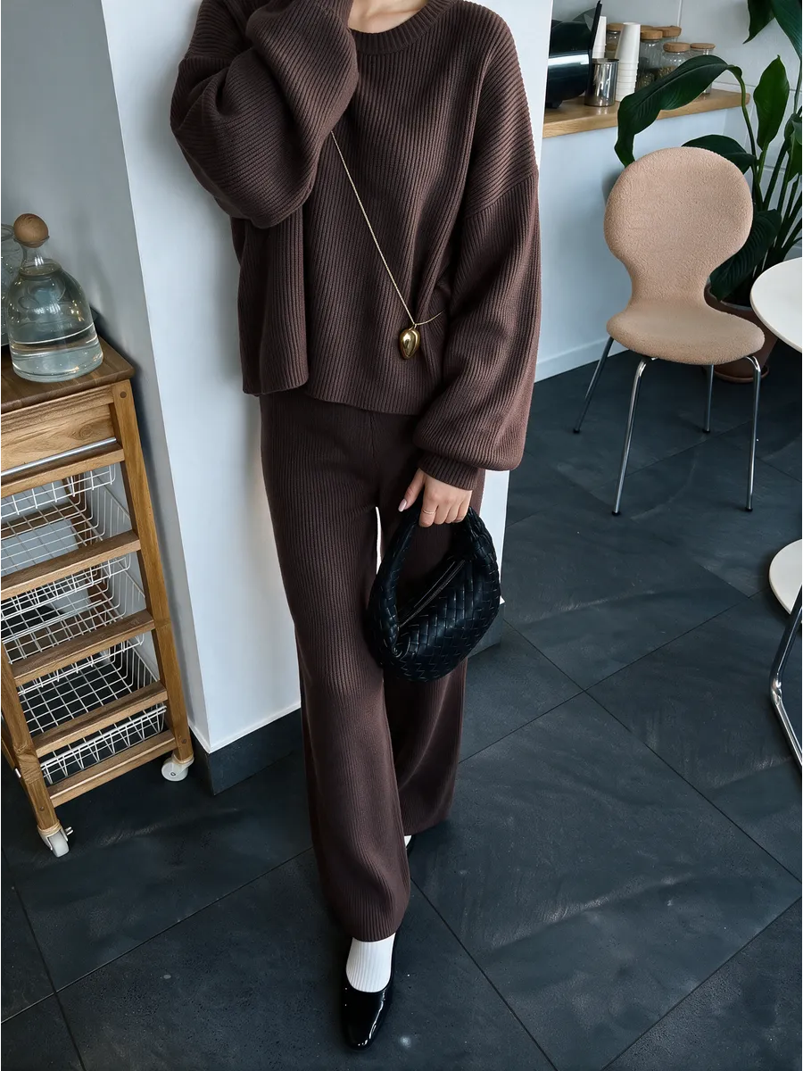 Brown Oversized Knitted Jumper Set – view 2