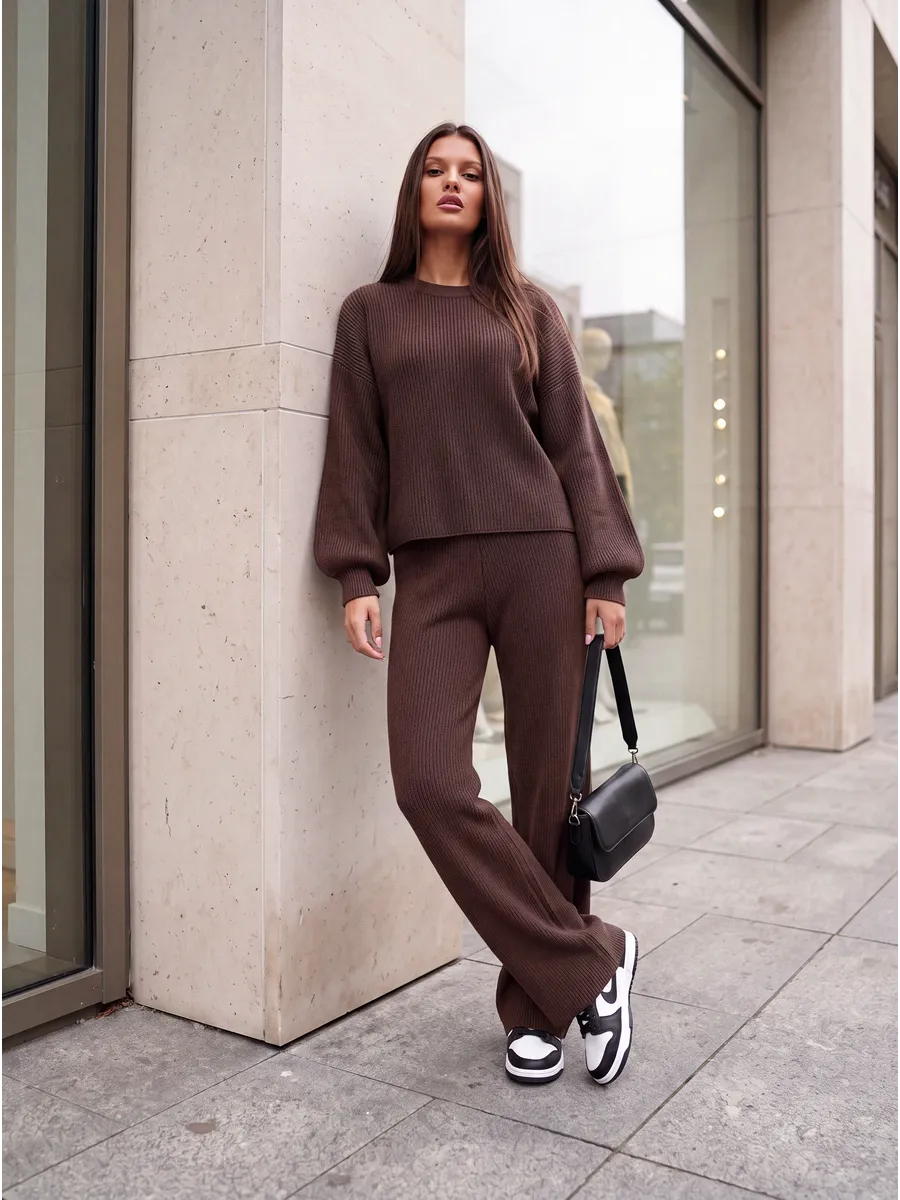 Brown Oversized Knitted Jumper Set – view 3
