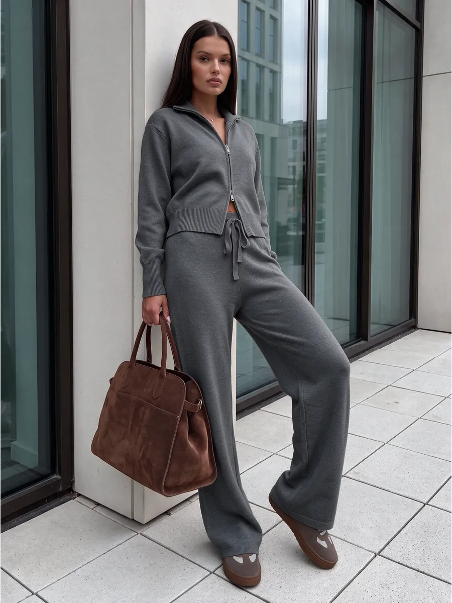 Grey Warm Knitted Zip Co-ord Set – view 2