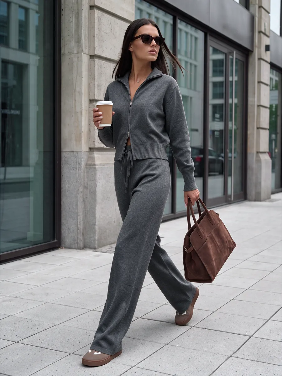 Grey Warm Knitted Zip Co-ord Set – view 3