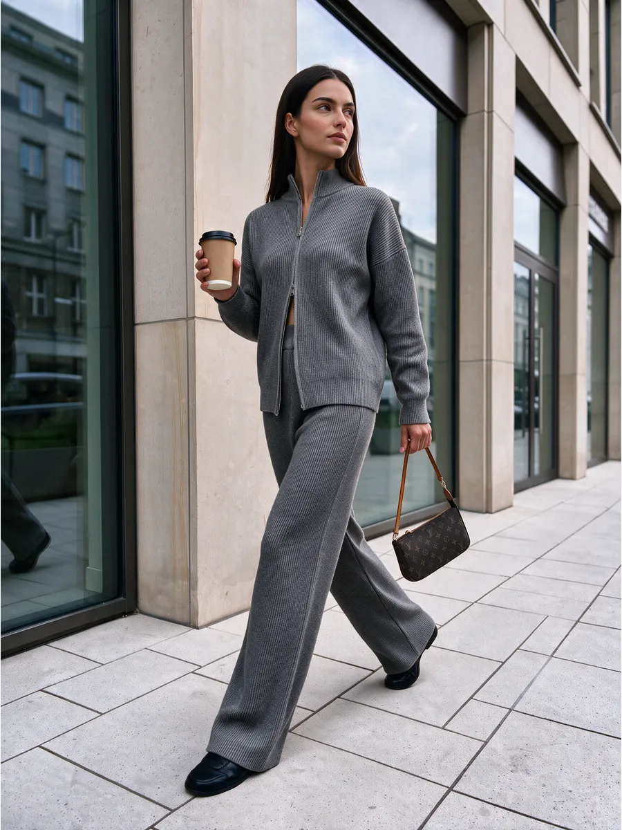 Grey Knitted Zip Lounge Set – view 3