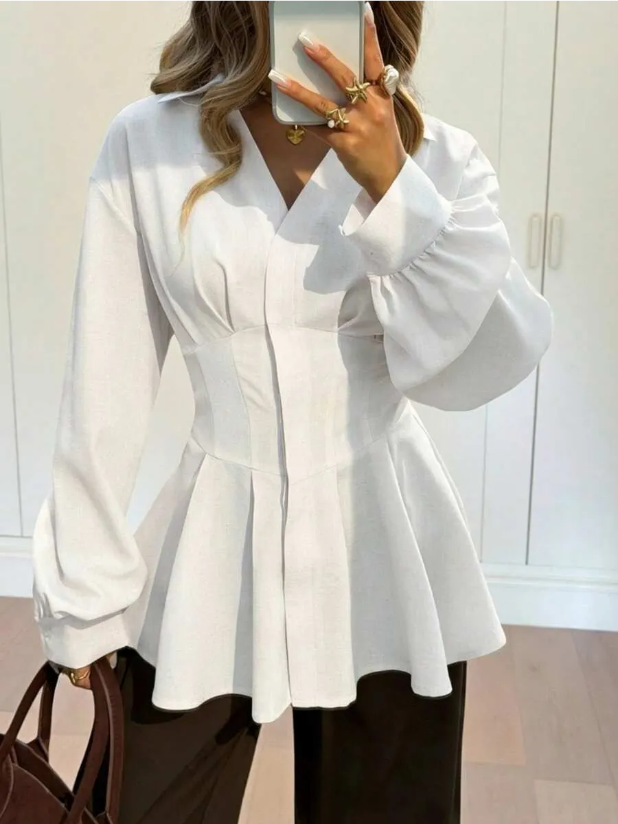 White longline cotton shirt with pleat detailing and button-through front