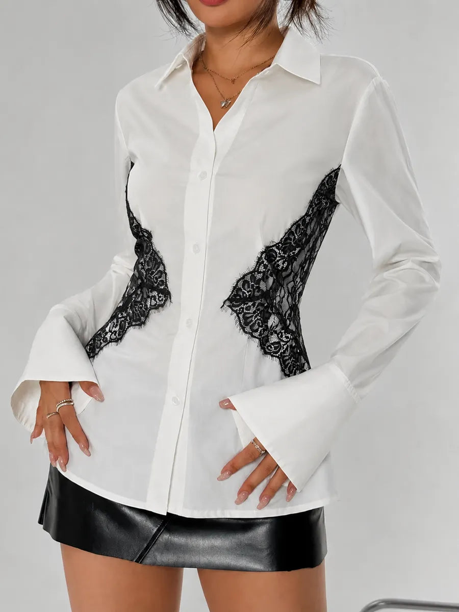 Fitted white cotton shirt with contrast black lace detailing